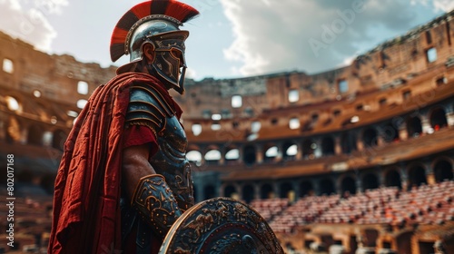 A gladiator stands in the center of an empty colosseum