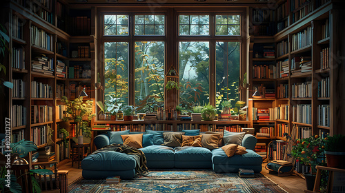 Photograph a cozy reading space adorned with shelves of books, comfortable seating, and soft lighting. Emphasize the inviting atmosphere.