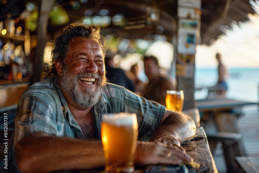 Joyful middle-aged man laughing while enjoying a beer at a rustic beach bar