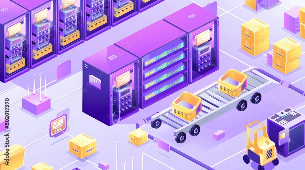 Storage of information in isometric view, technology modern illustration. Computer racks, conveyor belt with web icons. Yellow loaders loading data in database. Purple network banner.