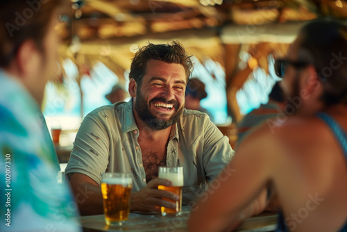 Joyful man sharing a laugh with friends at a rustic beach bar