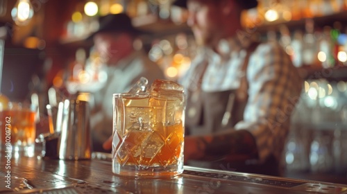 Bartenders dressed in suspenders and newsboy caps mix up oldfashioned mocktails behind the bar skillfully creating complex flavors without a hint of alcohol. photo