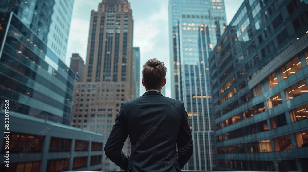 A businessman stands on a balcony overlooking a bustling cityscape during twilight, reflecting on urban business life. A businessman stands on a balcony overlooking a bustling cityscape during twilight, reflecting on urban business life.