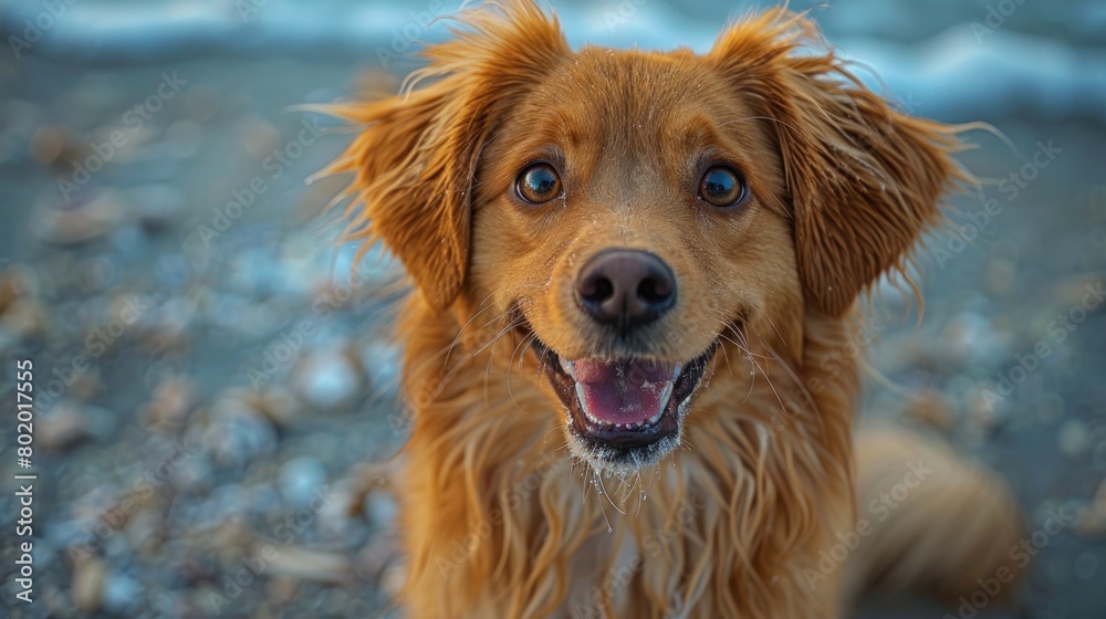 A joyful Golden Retriever dog sitting on the beach as the sun sets, capturing a moment of happiness and tranquility in nature. A joyful Golden Retriever dog sitting on the beach as the sun sets, capturing a moment of happiness and tranquility in nature.