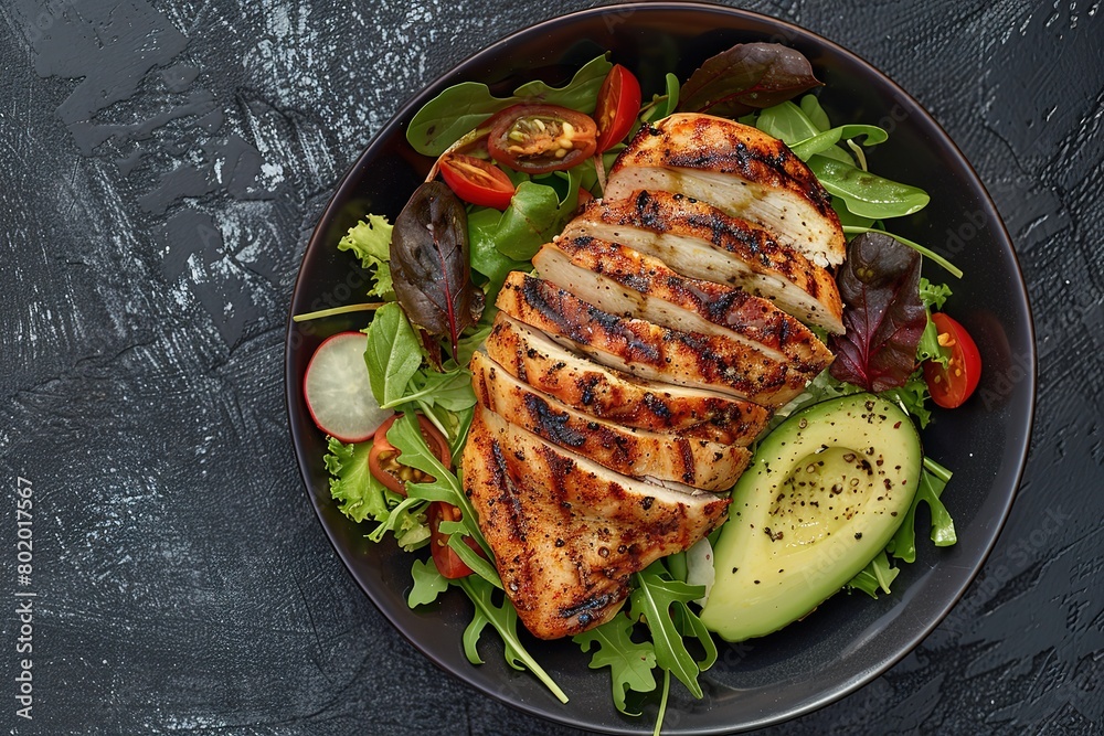 BCarbonise chicken with avocado and salad bowl on black background BCarbonise chicken with avocado and salad bowl on black background