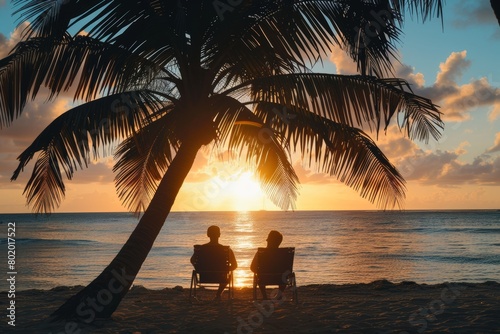 Intimate sunset view of a gay couple enjoying a peaceful evening under palm trees at the beach