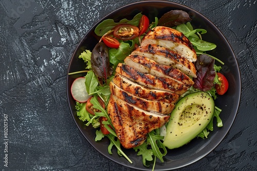 BCarbonise chicken with avocado and salad bowl on black background