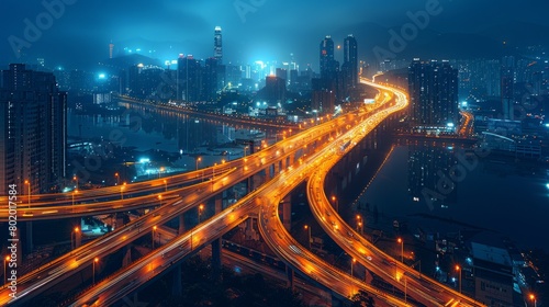 highway overpass with light trails  winding through the city skyline at night