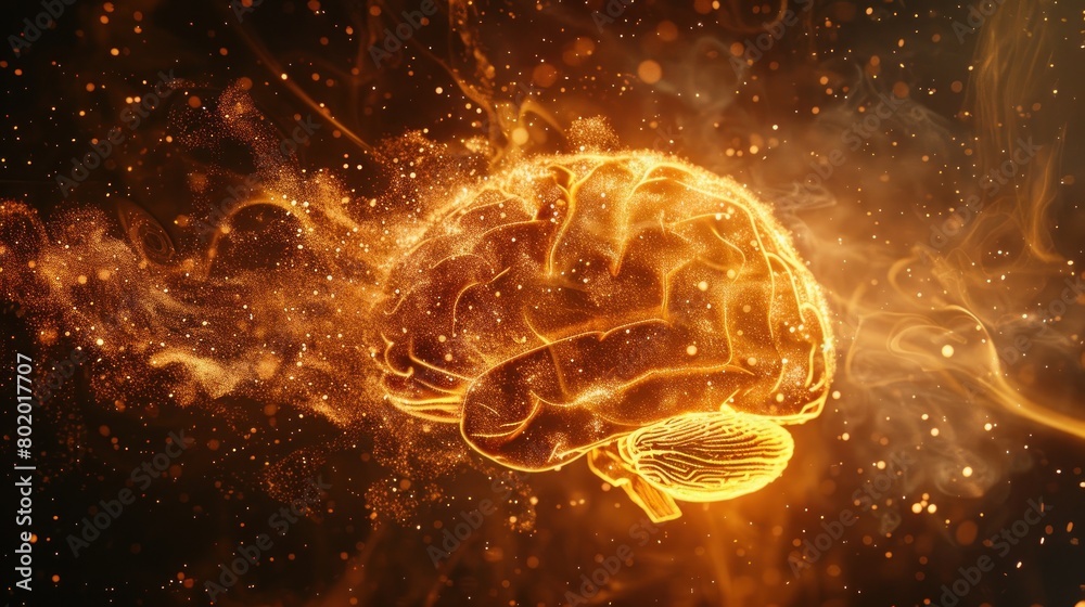 A captivating 3D illustration of a human brain glowing with fiery ...