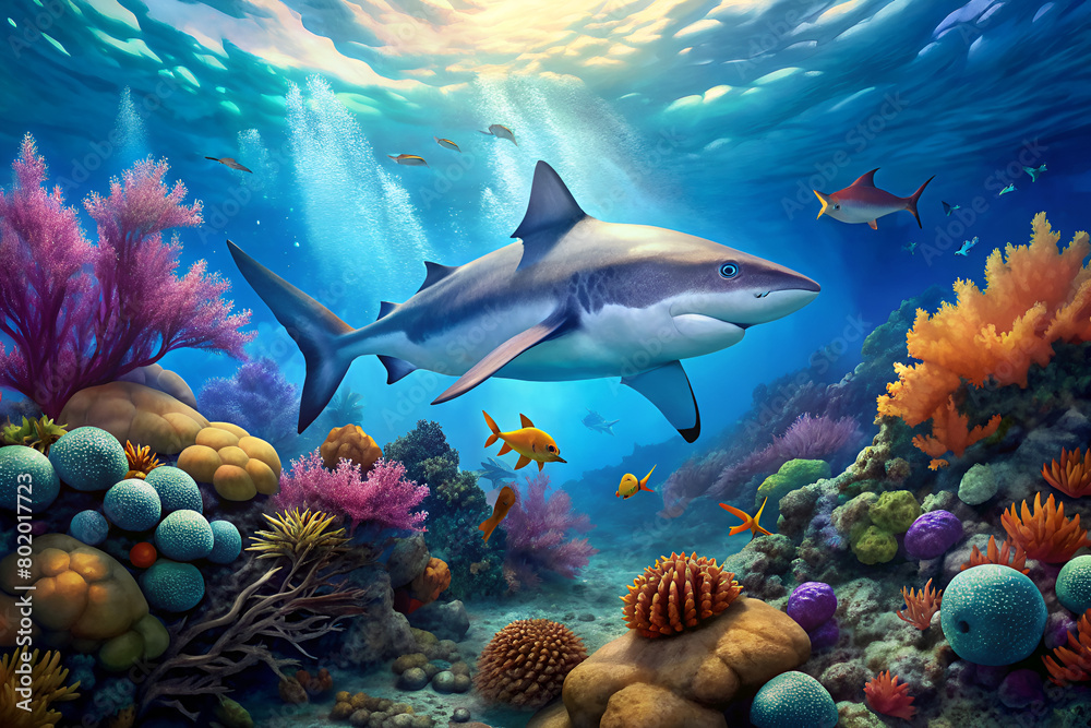 Fototapeta premium shark fish surrounded by beautiful coral
