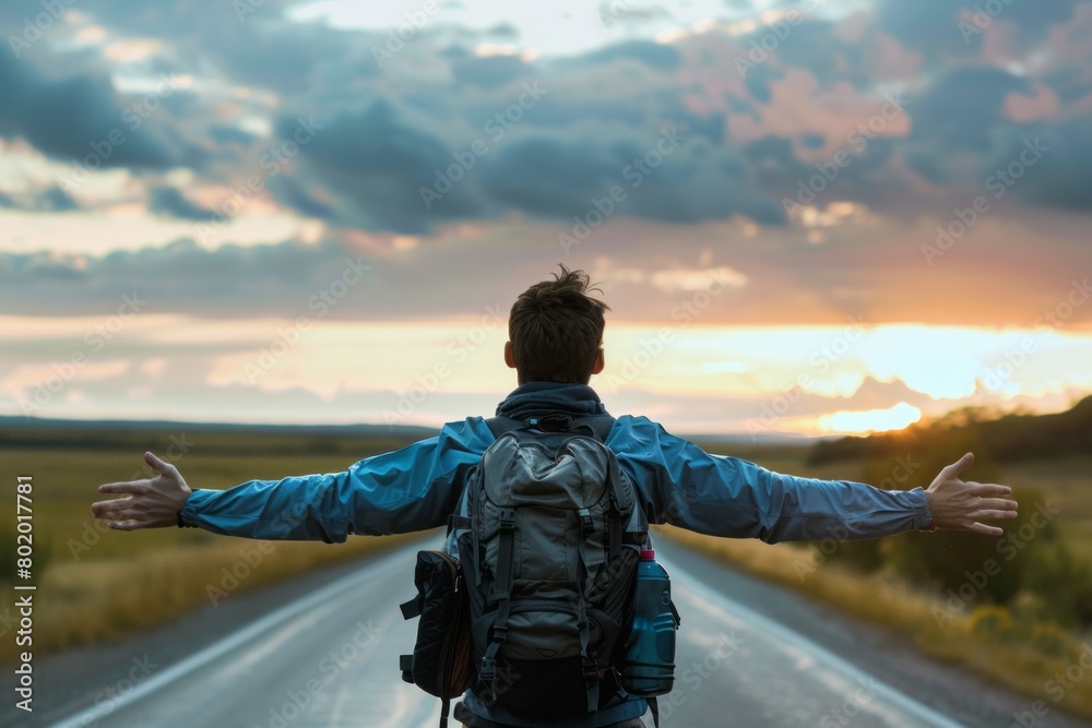 A Solo traveler backpacker opening his arms arriving at the large road, embracing the nature, enjoying the travel, travelers life A Solo traveler backpacker opening his arms arriving at the large road, embracing the nature, enjoying the travel, travelers life