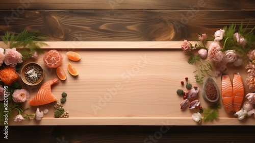 wooden backgroung with seafood and flowers (ID: 802017795)