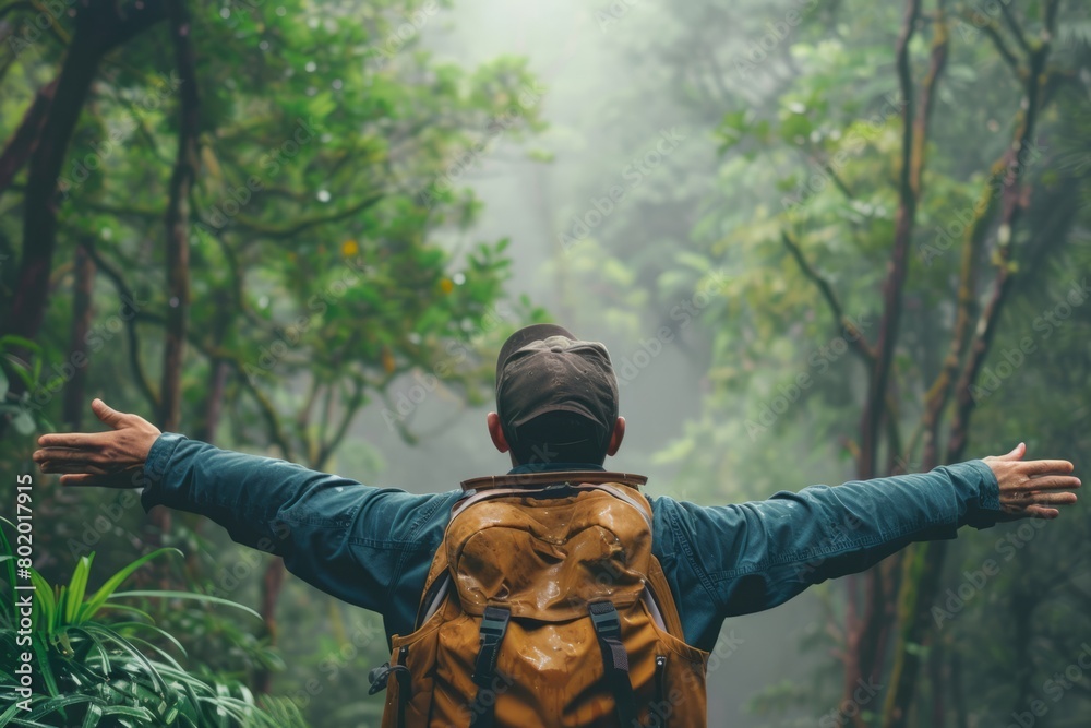 Fototapeta premium A Solo traveler backpacker opening his arms arriving at the forest,, embracing the nature, enjoying the travel, travelers life