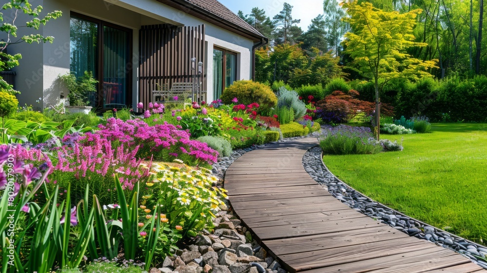 A beautiful garden with a wooden walkway and a house in the background
