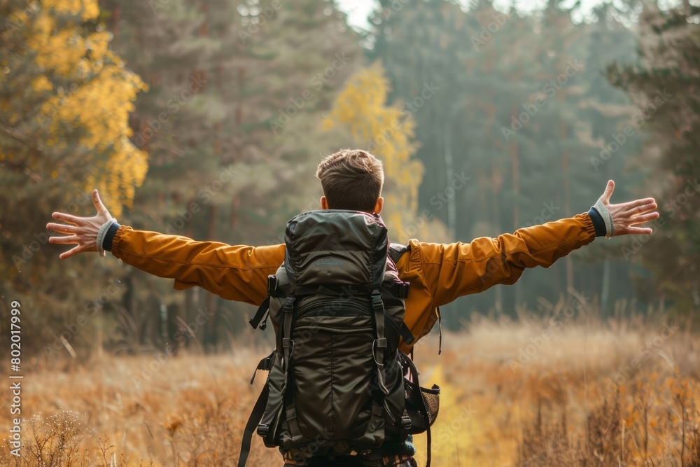 Fototapeta premium A Solo traveler backpacker opening his arms arriving at the forest embracing the nature, enjoying the travel, travelers life