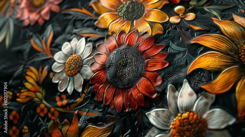 Artistic depiction of a floral tattoo sleeve with mixed flowers including sunflowers and daisies, representing life and vitality, presented on an isolated backdrop