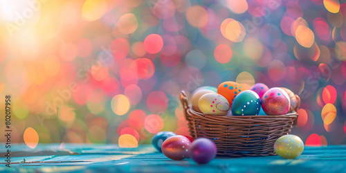 happy easter greeting card with multicolor eggs basket and blurred photo effect background 