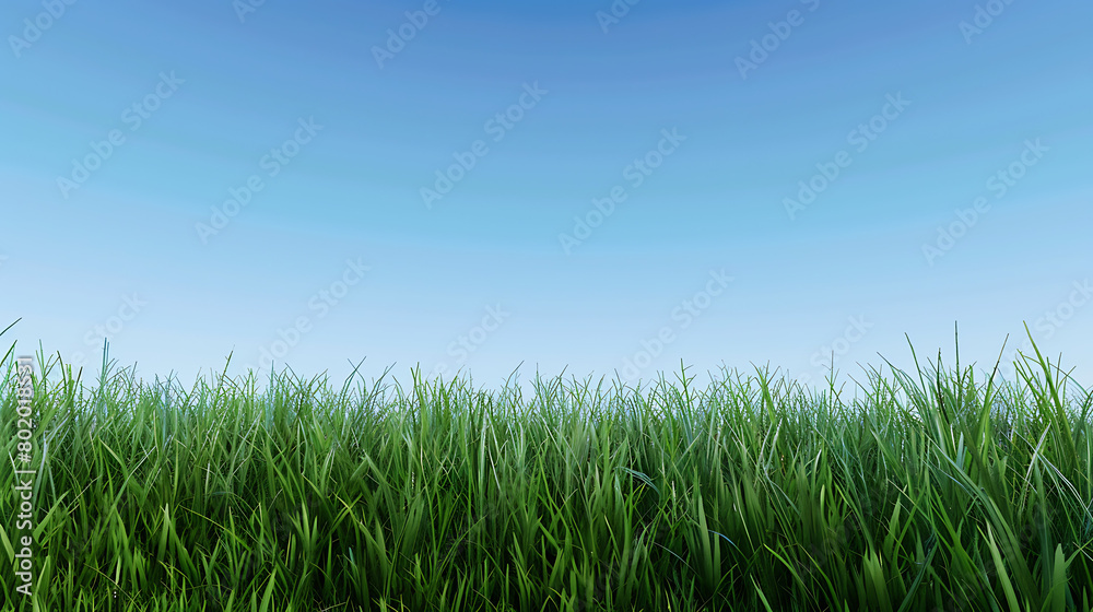 Early morning blue sky, green grass, realistic, panoramic lens, distant view Early morning blue sky, green grass, realistic, panoramic lens, distant view