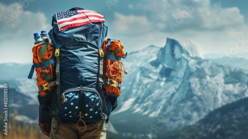 An American flag on a backpack, symbolizing exploration and unity, set against a clear backdrop as it traverses various U.S. cities