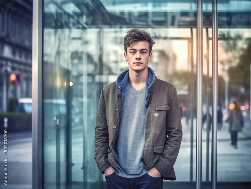 Serious Young Man in Casual Jacket Standing in Urban Glass Entrance, AI Generation Serious Young Man in Casual Jacket Standing in Urban Glass Entrance, AI Generation