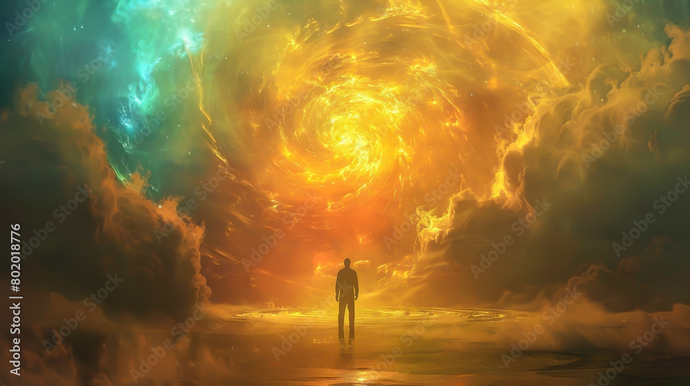 A man stands in front of a spiral of clouds