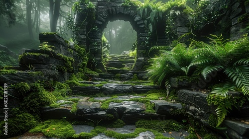 An outdoor fern and bonsai garden with dark stone pathways large ruin stone walkways covered in moss  ruins  black concrete  moss  ferns. Generative AI.