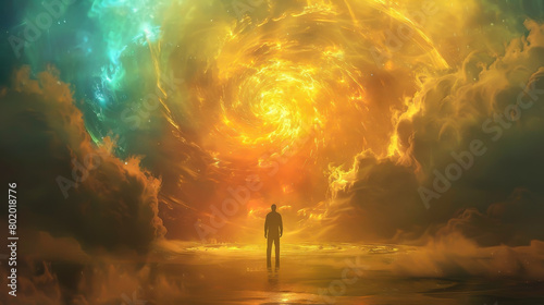 A man stands in front of a spiral of clouds