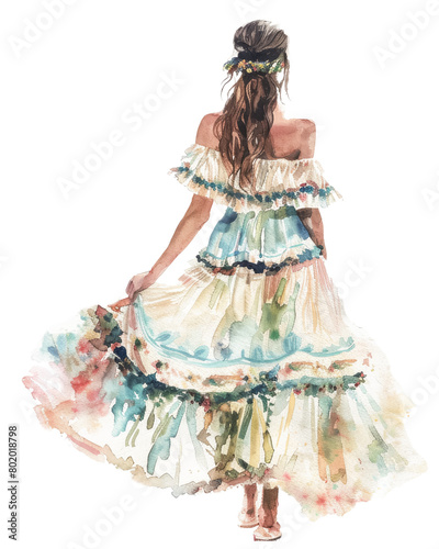 Woman in bohemian dress watercolor art