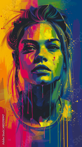 A colorful painting of a woman with a rainbow background