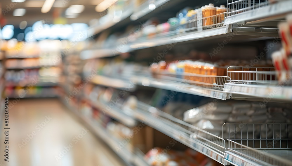 an empty shelf for product placement in the supermarket with blurred background 