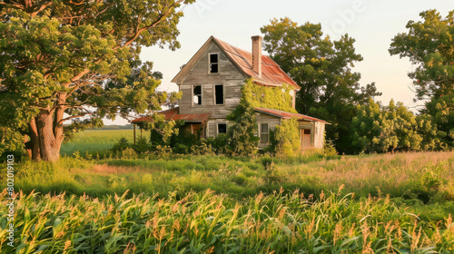A large, old house sits in a field of tall grass