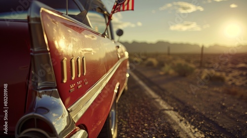 Adventurous close-up shot of an American flag mounted on a classic car traveling the historic Route 66, solitude background