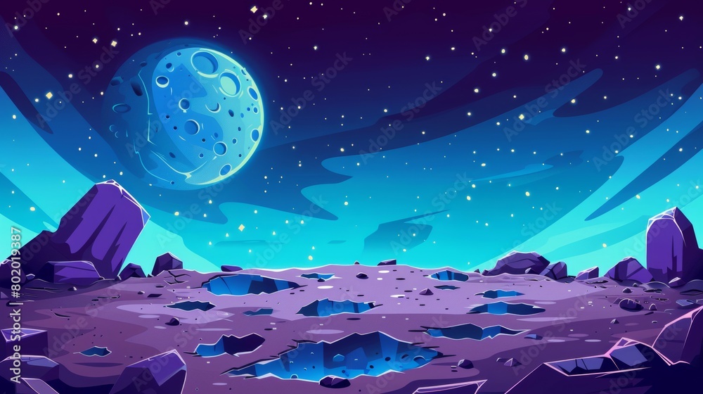 Space background with landscape of alien planet with craters and cracks ...