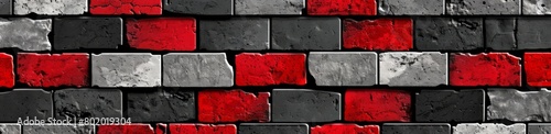 A detailed 3D illustration of a brick wall featuring a striking combination of red, black, and grey tones, perfect for architectural projects and design concepts