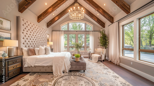 interior of a room. Elegant Retreat: Furnished Master Bedroom in a Luxury Home with Vaulted Ceiling