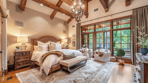 interior of a bedroom. Timeless Sophistication: Master Bedroom Design with Wood Beams and Chandelier photo