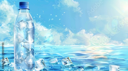 Modern realistic brand poster with cool drinking aqua in clear plastic bottle on water surface. Promo banner, advertising background.