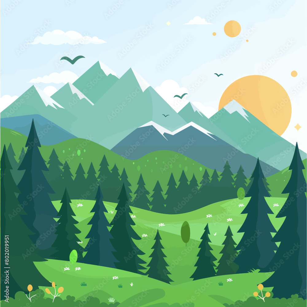 Fototapeta premium A mountain range with a sun in the sky and birds flying in the background