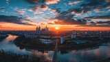 Aerial, drone panorama of Warsaw city during sunset. View from rondo Zgrupowania AK Radoslaw