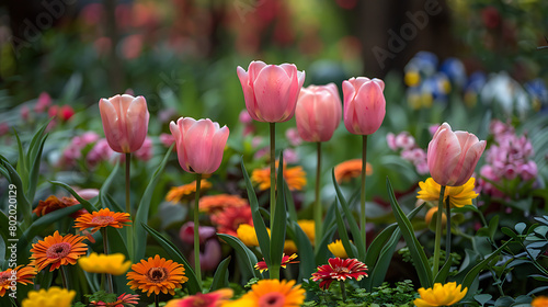 May Blossoms in Bloom, Capture the vibrant beauty of spring flowers blooming in the month of May. Photograph colorful blossoms such as tulips, daisies, and cherry blossoms against a backdrop of lush © LiezDesign