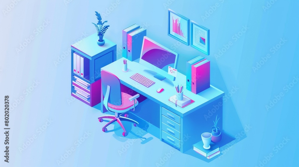 Isometric landing page for a home office. Desk, drawer cabinet, file organizer. Worktable for a businessman, analyst or freelancer. 3D modern illustration.