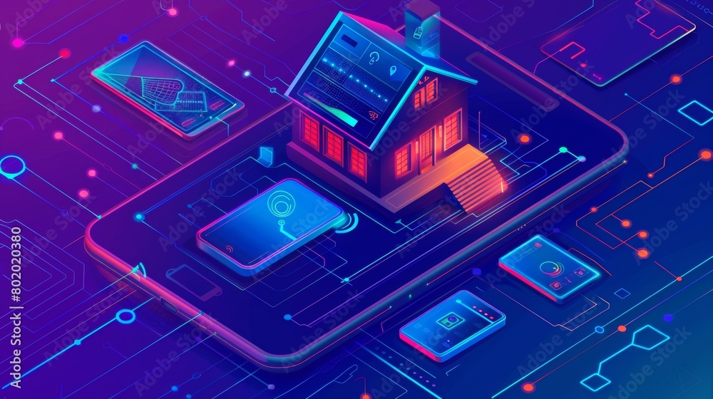 Internet of things technology banner. Modern landing page of a house control system with an alarm flasher and security monitoring icon. Internet of things technology banner. Modern landing page of a house control system with an alarm flasher and security monitoring icon.
