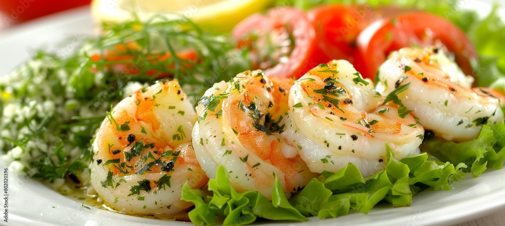 Savor the exquisite grilled shrimp platter artfully arranged on a pristine white plate