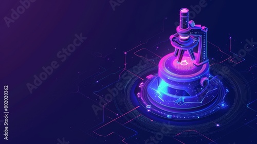 Scientific microscope on blue background. Iot, Internet of Things, wireless digital connection, iot. 3d modern line art web banner. photo