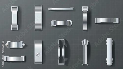 Realistic modern illustration of silver door handles and modern chrome lever handles with different shapes for interior decoration of rooms in an office, house, or hotel.