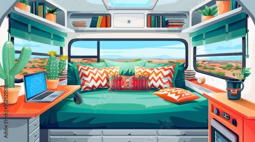 An unmade bed, a laptop desk, a shelf of books, cacti plants, and a jalousie on the window of a camping trailer car. Rv home bedroom inside view, cozy place for sleeping Cartoon modern illustration.
