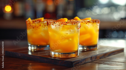 Exotic mango margaritas mixed with tequila and served with a chili rim.