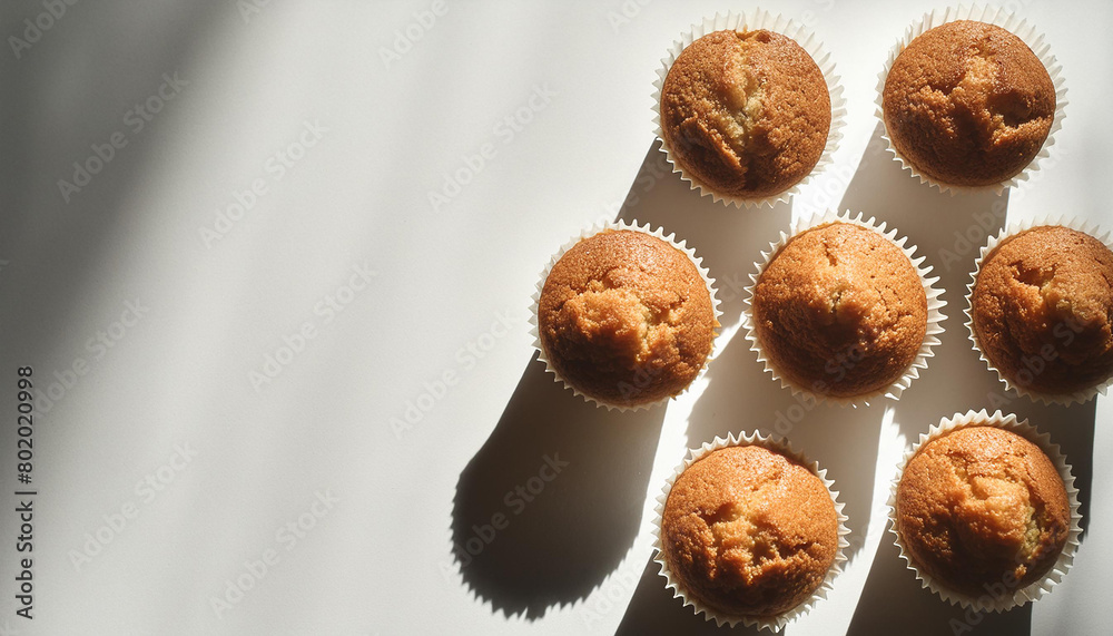 Freshly baked bran muffins on white table. Tasty food for breakfast. Delicious baked goods. Top view