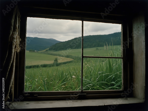 Tranquility outside the window. This image captures the tranquility of the countryside with a view of a vibrant green field framed by a window © Noboru