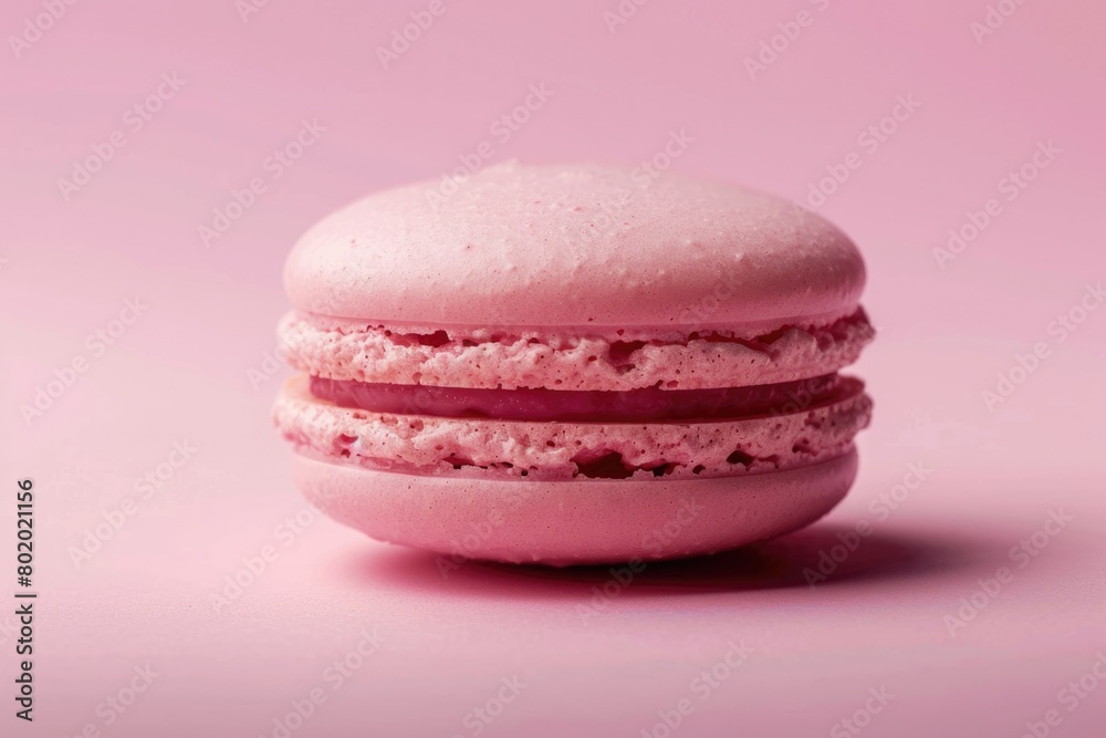 Food Pink. Pink French Macaroon in Center on Pink Background, Delicious and Tasty Pastry Food Pink. Pink French Macaroon in Center on Pink Background, Delicious and Tasty Pastry